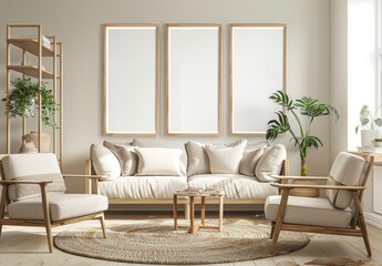 Minimalist living room interior with three empty frames above a beige sofa. two armchairs. a coffee table. and a rug