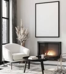 Naklejka premium Cozy living room with fireplace. white armchair. and black coffee table