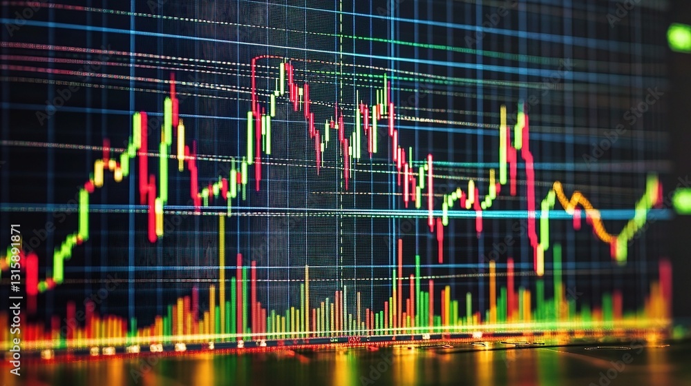 Poster colorful stock market chart with growing graph lines and data points