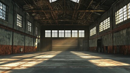 Fototapeta premium Vast Empty Warehouse Space with High Ceilings and Natural Light