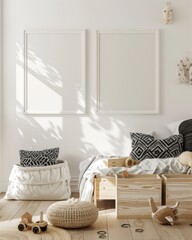 A bright and airy nursery with a white bed and a wooden floor The room is decorated with black and white patterned pillows. wooden toys. and two blank white frames The sun shines through the window. c
