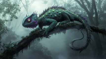 A bizarre hybrid animal, a furry reptilian beast with six glowing eyes, chameleon-like skin that shifts between deep purples and greens