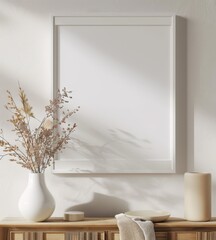 A white frame mockup with dried flowers and a beige vase on a wooden shelf against a white wall with soft light