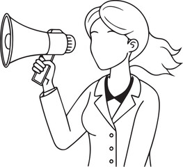 Business woman speaking through a megaphone. Outline vector illustration.