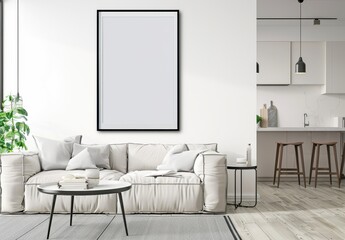 Minimalist living room with a white sofa. coffee table. and a blank picture frame on the wall The room has a modern and clean design with a view of the kitchen in the background