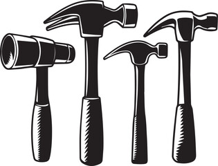 A vector black silhouette image of four hammers in different angles and perspectives. 