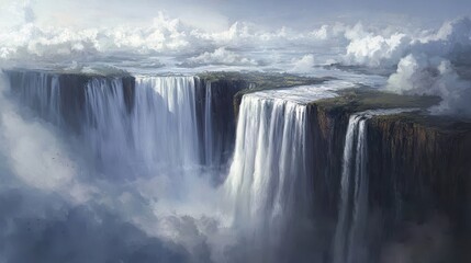 Majestic Waterfalls Flowing Through Lush Greenery and Bright Clouds