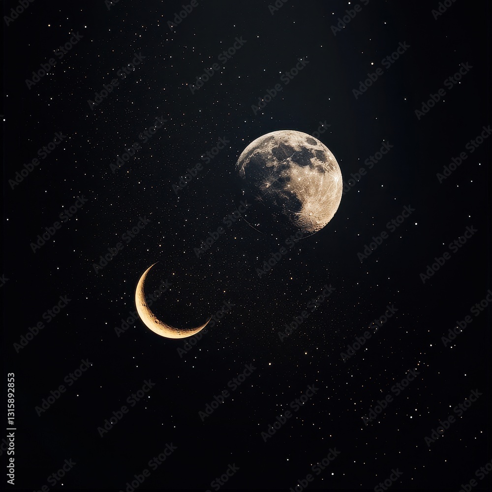 Wall mural hyper-realistic full moon and crescent moon glowing in a deep cosmic sky, surrounded by intricate co