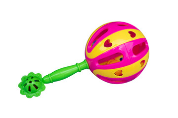 A colorful plastic baby rattle with a spherical head and a textured handle, isolated against a white background, highlighting its playful design and vibrant colors.