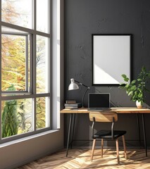 Modern home office with a black desk. a laptop. a chair. and a picture frame on a black wall with a window in the background