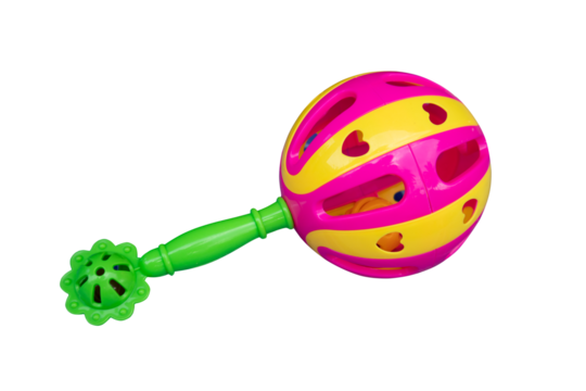 A colorful plastic baby rattle with a spherical head and a textured handle, isolated against a white background, highlighting its playful design and vibrant colors.