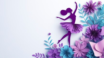 Dancing Ballerina Silhouette with Floral Paper Art Decoration on White Background