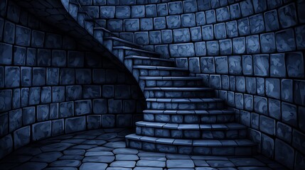 Pixelated Dark Stone Spiral Staircase In A Dungeon like Interior