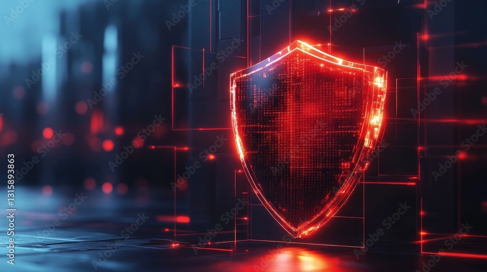 Poster ai-driven cybersecurity shield blocking cyber threats in a glowing digital grid.