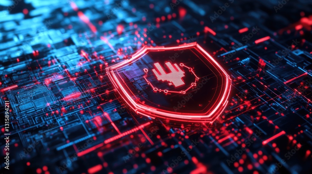 Poster ai-driven cybersecurity shield blocking cyber threats in a glowing digital grid.