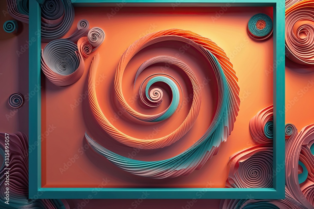 Poster luminous orange background with teal framing and spiral patterns in soft layers