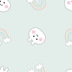 Rabbit and rainbow on green background seamless pattern vector