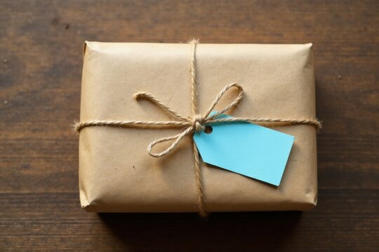 A simply wrapped package awaits its destination, tied with twine and adorned with a blank tag, ready for a thoughtful message or label