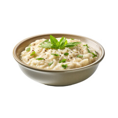 A steaming bowl of creamy risotto garnished on transparent background