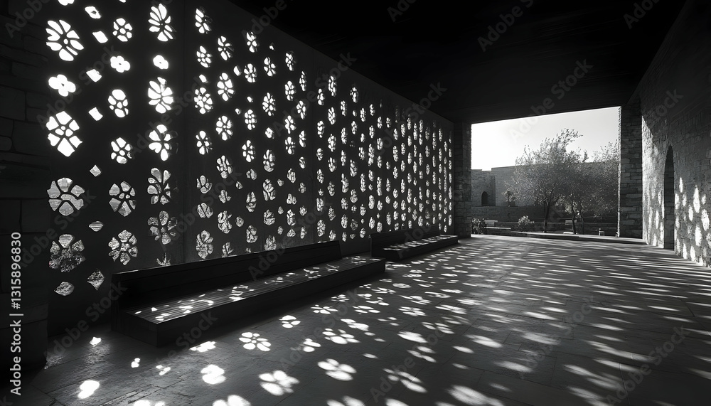Poster sunlit passageway with intricate perforated wall casting floral shadow patterns on the floor. modern