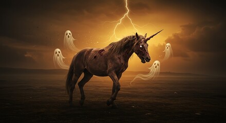 Zombie Unicorn Under a Stormy Sky: A Spooky Fantasy