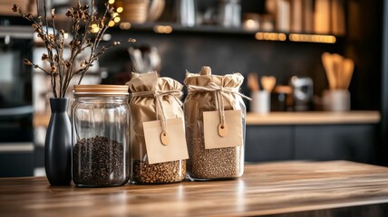 Zero Waste Kitchen Storage with Glass Jars and Eco-Friendly Packaging in a Cozy Home Setting