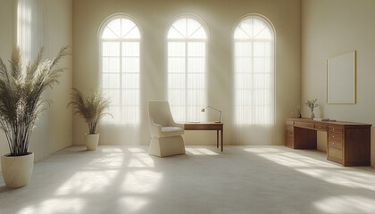 Sunlit room with arched windows, comfortable chair, desk, and potted plants. Minimalist design