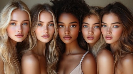 Obraz premium Five diverse women posing together for a beauty or fashion campaign