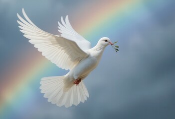 Obraz premium White dove carries olive branch against a rainbow backdrop