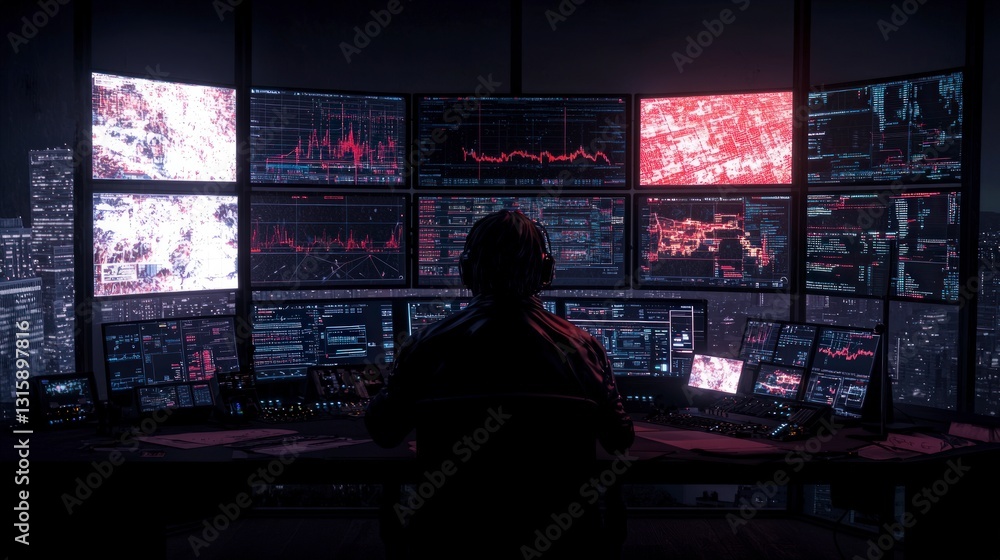 Poster cybersecurity expert monitoring data streams on multiple screens at night