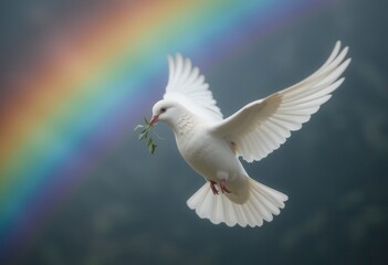 Dove carrying olive branch under a vibrant rainbow in the sky