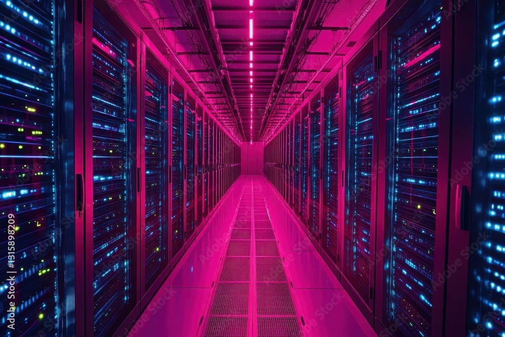 Aufkleber rows of servers glow pink and blue in a data center. illustrates technological advancement and data 