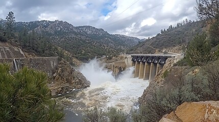 Powerful dam releases water.  Mountainous landscape with a large hydroelectric dam, surging water, and cloudy skies