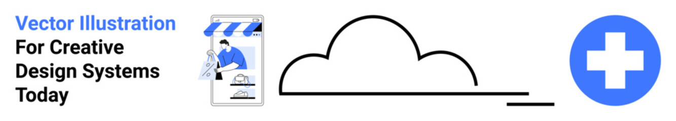 Cloud outline connects digital design and health app screen, emphasizing modern tech use. Ideal for healthcare, tech innovation, creativity, cloud services, remote solutions, medical, flat landing