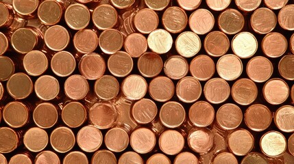 Close Up View of Stacked Copper Coins Forming a Textural Pattern in Various Shapes and Arrangements Providing a Metallic Background