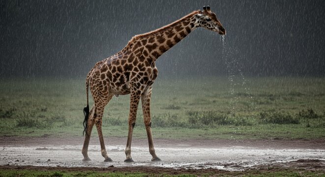 Giraffe drinking water in a rain-soaked savannah, with a moody background of dark clouds - jirafa