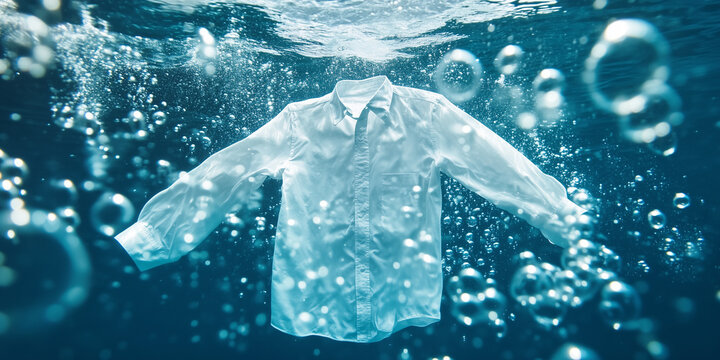 White Shirt Gently Floating Underwater Amidst Sparkling Bubbles