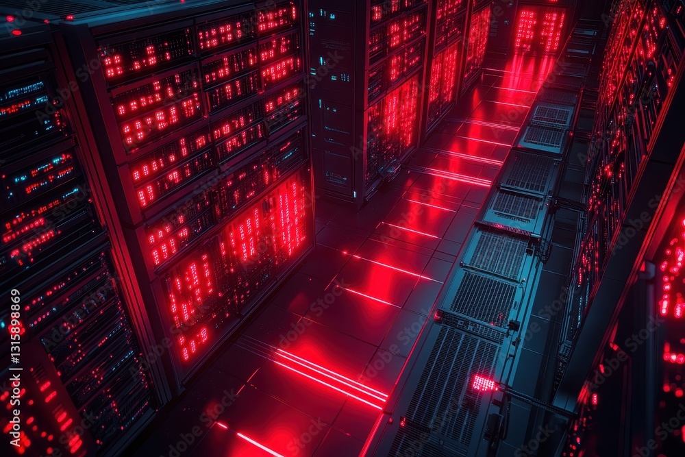 Aufkleber sleek server room with red glowing lights, futuristic data center. ideal for tech, network, and data