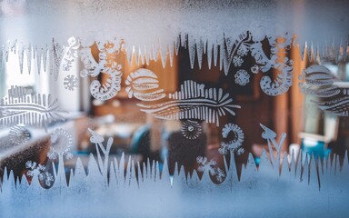 January blues, Iced window design, wintery pattern, interior view