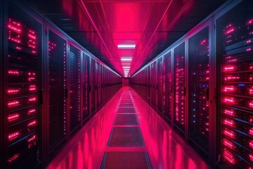 Fototapeta premium Pink-lit server room corridor, rows of racks. Illustrates data centers, technology, and networking.