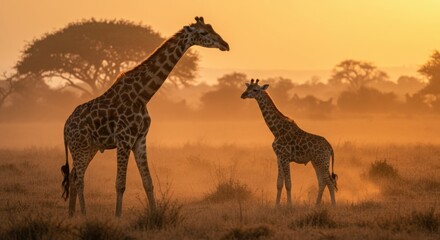 Fototapeta premium Majestic giraffes standing gracefully in a golden savannah during sunset, with a serene atmosphere - jirafa