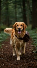 Obraz premium A golden retriever trots through the forest, wearing a brown backpack as it embarks on an adventurous journey