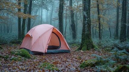 Misty Autumn Forest with Pink Tent