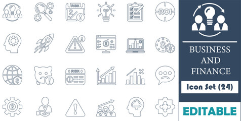 This Business and Finance Icon Set includes 24 modern vector icons, perfect for reports, presentations, websites, and apps. Fully editable and scalable for digital or print use.