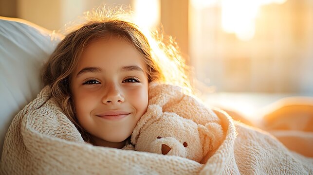 Cozy morning smile girl with teddy bear bedroom portrait sunlit environment joyful concept