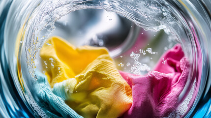 Close-Up View of Vibrant Clothes Being Washed in a Swirling Washing Machine