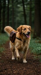 A golden retriever trots through the forest, wearing a brown backpack as it embarks on an adventurous journey
