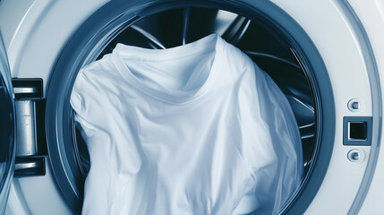 White Shirt Being Washed in a Modern Front Loading Washing Machine