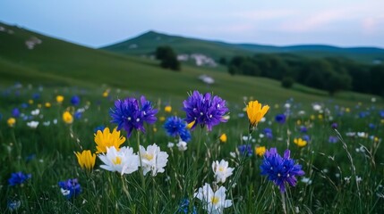 Serene Wildflower Meadow Landscape  Blooming Hills  Blue  Yellow  White Flowers