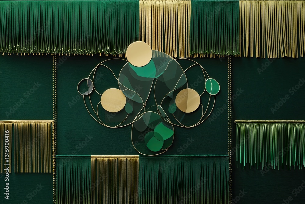 Poster deep green canvas with gold fringes and geometric circular elements in translucent layers